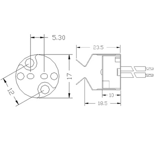 JS-106-1 G4, G5.3, G6.35 halogen lamp bulb sockets size diagram